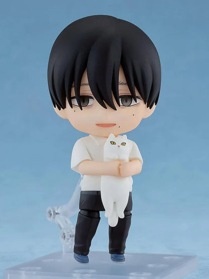 The Summer Hikaru Died Nendoroid Yoshiki Figure featuring a black-haired anime boy with gray eyes, a calm expression, white short-sleeved school shirt, dark pants, and blue-gray shoes in a cute chibi design.