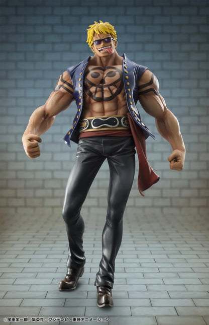 One Piece Portrait of Pirates Bellamy the Hyena Sailing Again Rerelease figure with blonde hair, blue vest, chest tattoo, black pants, and fierce pose