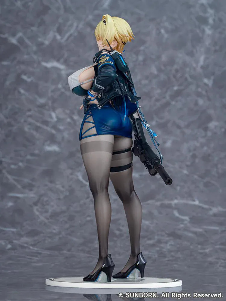 Girls' Frontline 2 Exilium Nikketa 1/6 Scale Figure with blonde hair, blue tactical outfit, weapon accessory styling, stockings, and display base