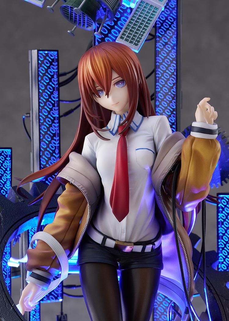 Kurisu Makise 1/7 scale figure surrounded by gears, binary-patterned panels, a satellite, retro monitor, and computer equipment with red-orange accents.