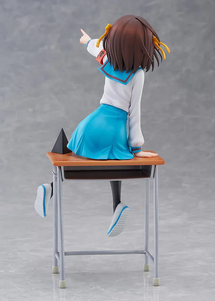 Haruhi Suzumiya 20th Anniversary 1/7 scale figure sitting on desk in school uniform