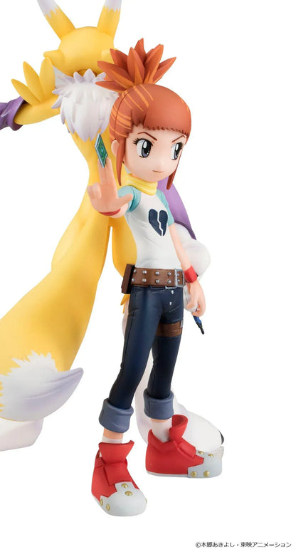 Digimon Tamers G.E.M. Series Renamon and Rika Nonaka figures, with Rika raising a green card beside yellow Renamon wearing purple yin-yang arm guards.