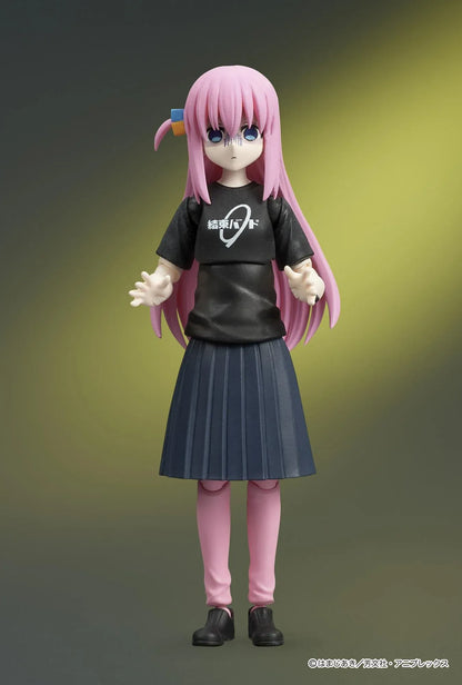 Bocchi the Rock! DIGACTION Hitori Gotoh figure holding a black and gold guitar, wearing a black band T-shirt, dark skirt, and pink leggings.
