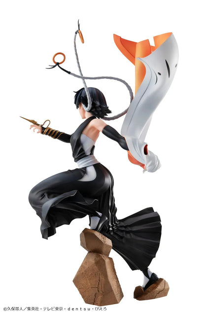 Bleach Gals Series Sui-Feng rerelease figure in a dynamic combat pose with her arm-mounted weapon, flowing uniform, and rocky base.