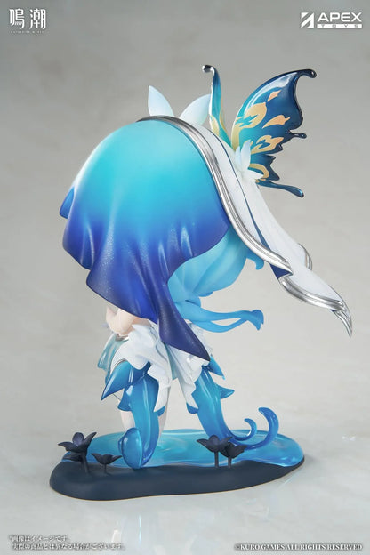 Chibi Shorekeeper Jinseki Series figure with blue hair, a butterfly-decorated headpiece, and a blue butterfly held in her hands, standing on a water-inspired base.