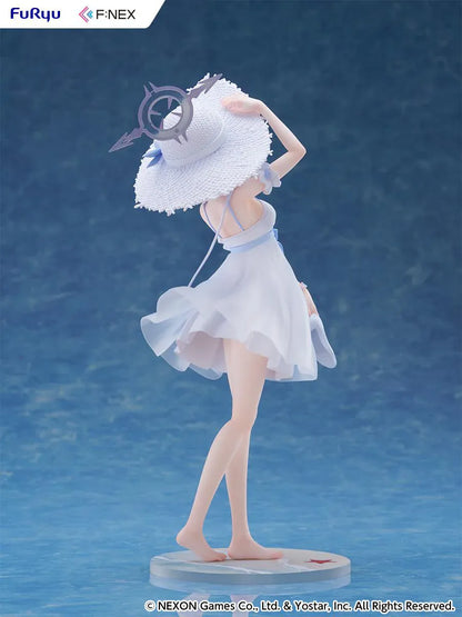 Blue Archive Sena Casual 1/7 Scale Figure featuring Sena with short silver hair, white dress, wide-brim hat, sandals in hand, and seaside-themed display base.