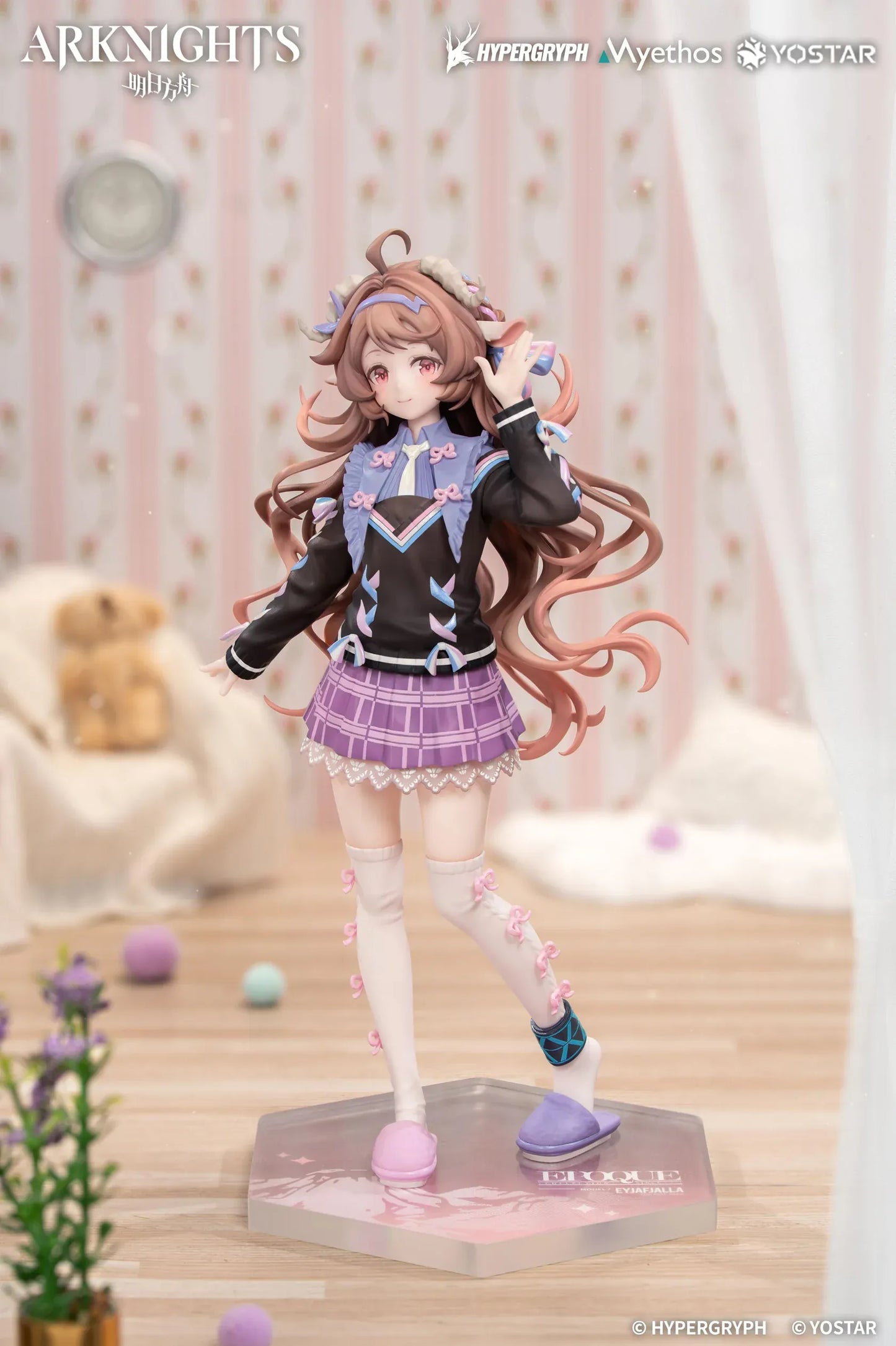 Arknights Gift Plus Eyjafjalla the Hvit Aska One More Story Ver 1/8 Scale Figure wearing a purple plaid skirt, thigh-high socks, pastel accessories, and slippers