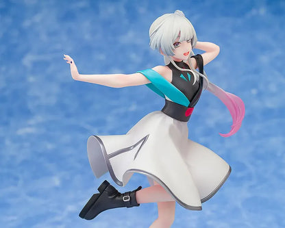 Yachiyo Runami Collaboration Concert Ver. figure with silver and pink-tipped hair, a white concert dress, and black boots, posed with one leg lifted.