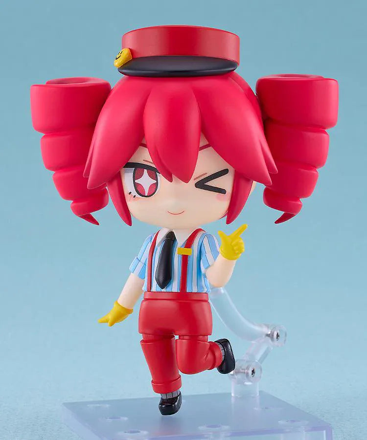 Kasane Teto Nendoroid Kasane Teto Mesmerizer Ver. Figure featuring Teto in a chibi-style design with red drill twin tails, striped shirt, black tie, yellow gloves, and red outfit details.