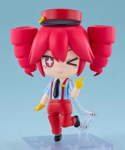 Kasane Teto Nendoroid Kasane Teto Mesmerizer Ver. Figure featuring Teto in a chibi-style design with red drill twin tails, striped shirt, black tie, yellow gloves, and red outfit details.