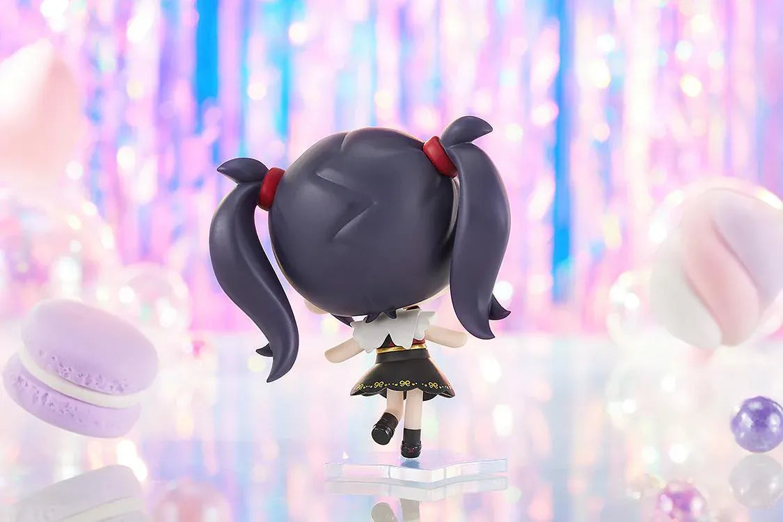 NEEDY STREAMER OVERLOAD Ame chibi figure with dark purple twin tails, gold cross hair clip, black and white outfit, and blue star-shaped base.