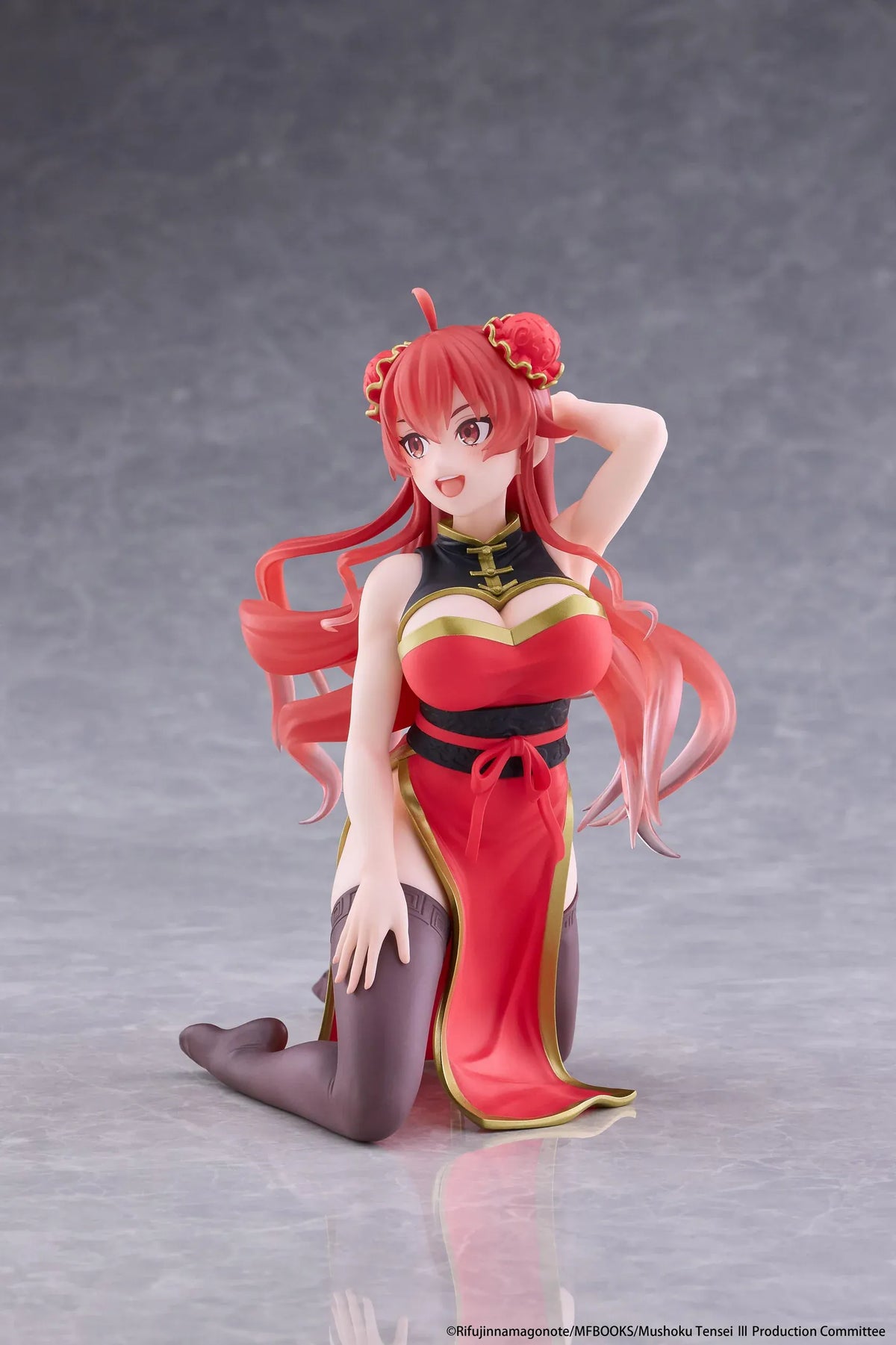 Mushoku Tensei Jobless Reincarnation Desktop Cute Eris Boreas Greyrat Chinese Dress Ver. Figure featuring long flowing red hair, red eyes, decorative twin buns, a red and black Chinese-inspired dress with gold accents, and dark thigh-high stockings in a playful kneeling pose.