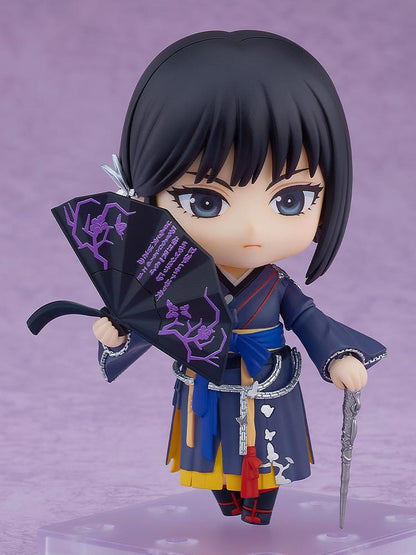 Black Desert Nendoroid Woosa figure wearing a traditional blue outfit and holding a black fan accessory