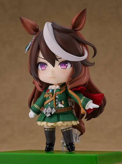 Umamusume Pretty Derby Nendoroid Symboli Rudolf Figure (Rerelease) featuring a brown-haired horse girl with a white forelock, purple eyes, green academy uniform, gold decorations, red cape, and black boots.