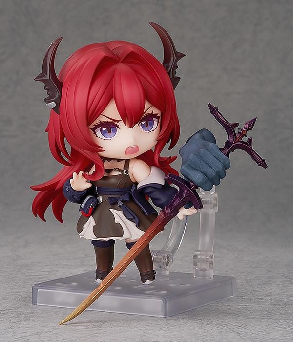 Arknights Nendoroid Surtr Figure rerelease featuring crimson hair, black horns, purple eyes, and her signature oversized sword