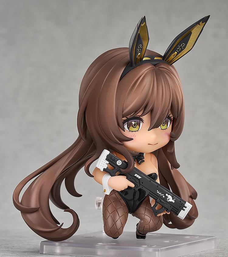 GODDESS OF VICTORY NIKKE Nendoroid Noir Figure featuring Noir in a black bunny outfit with long brown hair, fishnet stockings, and a weapon accessory.