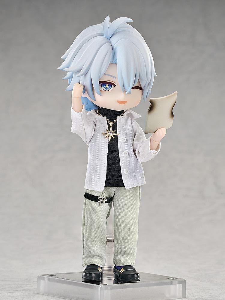 Honkai Star Rail Nendoroid Doll Phainon Express Travel Ver. featuring Phainon with silver-blue hair, blue coat, fabric-style outfit, gold accessories, and wink expression.