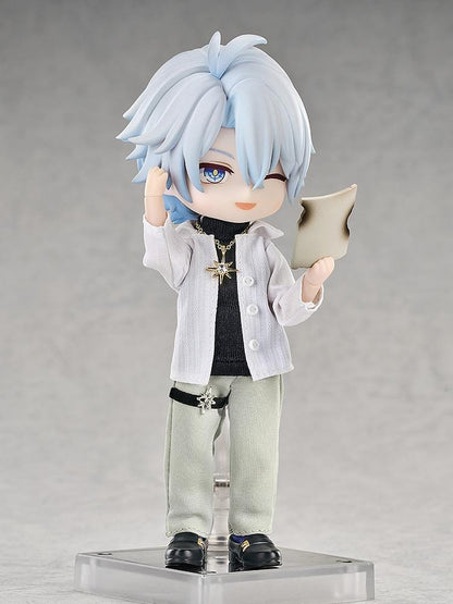 Honkai Star Rail Nendoroid Doll Phainon Express Travel Ver. featuring Phainon with silver-blue hair, blue coat, fabric-style outfit, gold accessories, and wink expression.
