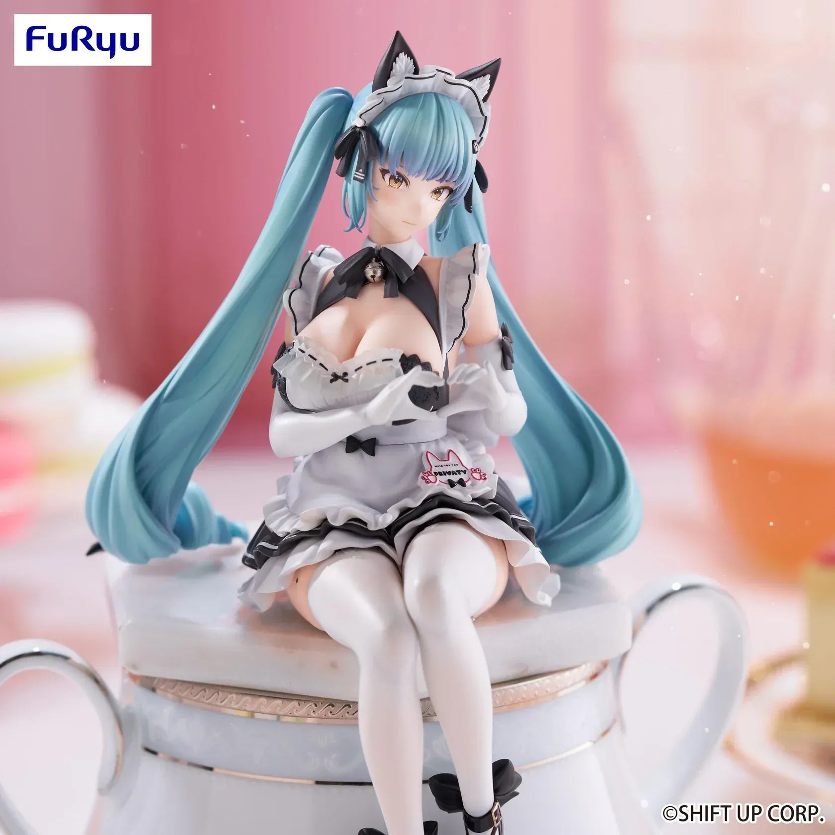 Goddess of Victory: Nikke Privaty (Unkind Maid) Noodle Stopper Figure by FuRyu featuring Privaty in a maid outfit with long blue twin tails sitting on a teacup.