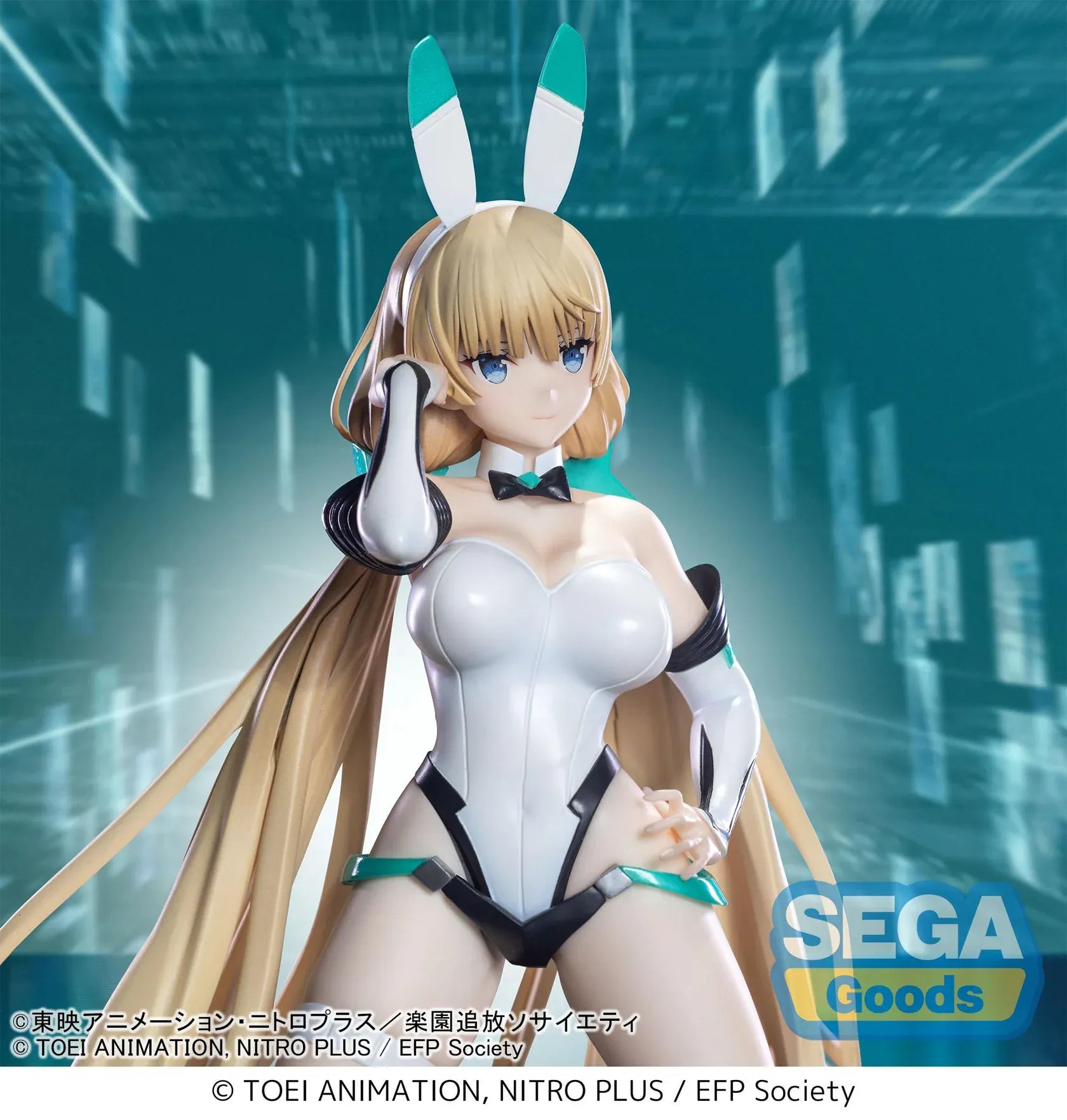 Expelled from Paradise Angela Balzac Cyber Bunny Figure by SEGA Goods featuring Angela in a white futuristic bunny suit with teal accents.