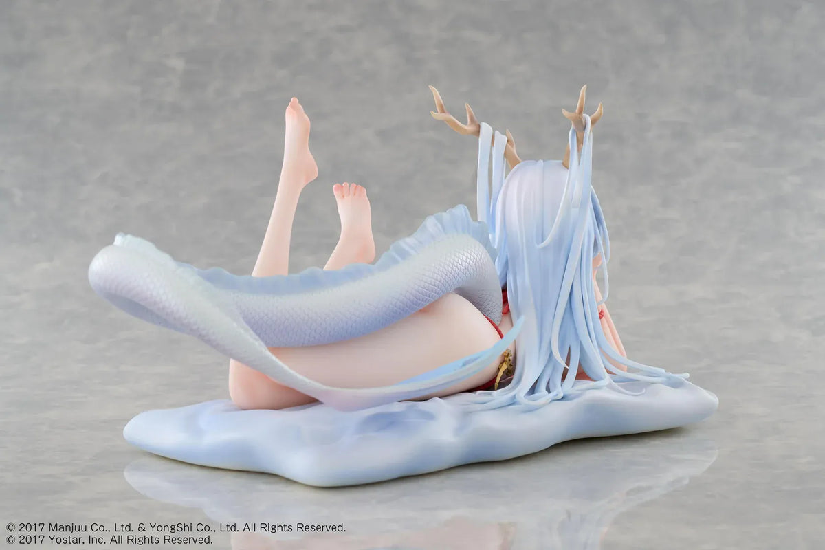 Azur Lane Shimanto 1/7 scale figure reclining on a pale cushion with icy-blue hair, branching horns, a red outfit, and a curling dragon tail.