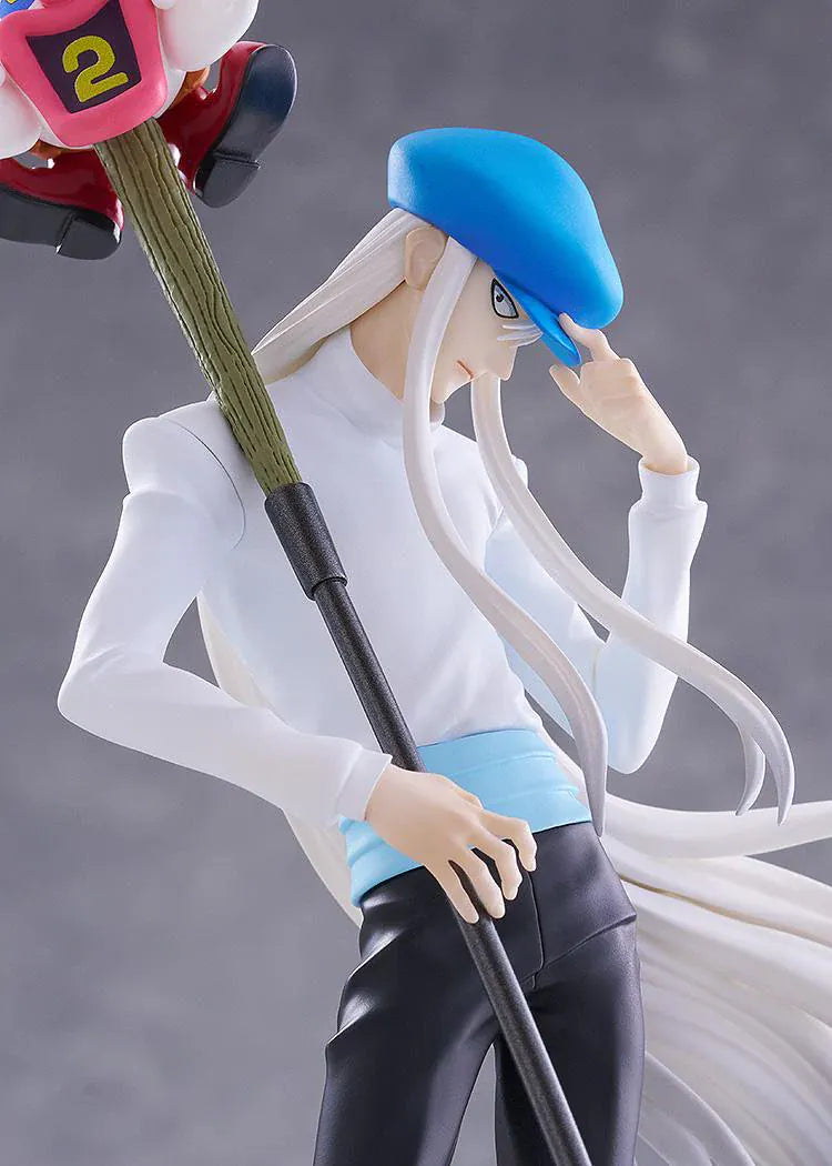 HUNTER x HUNTER POP UP PARADE Kcyytt Kite Figure featuring Kite with long silver hair, blue cap, white shirt, and large scythe weapon accessory.