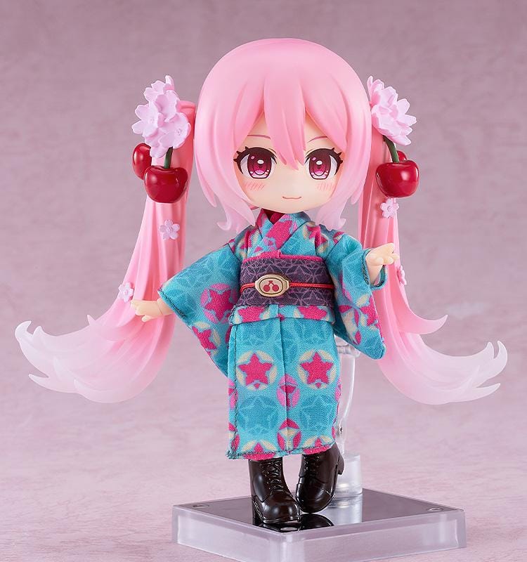Hatsune Miku Nendoroid Doll Sakura Miku Hirohako 2025 Ver. Hakodate featuring Sakura Miku with pink twin tails, cherry accessories, and a colorful kimono-style outfit.
