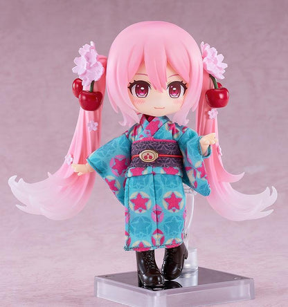 Hatsune Miku Nendoroid Doll Sakura Miku Hirohako 2025 Ver. Hakodate featuring Sakura Miku with pink twin tails, cherry accessories, and a colorful kimono-style outfit.