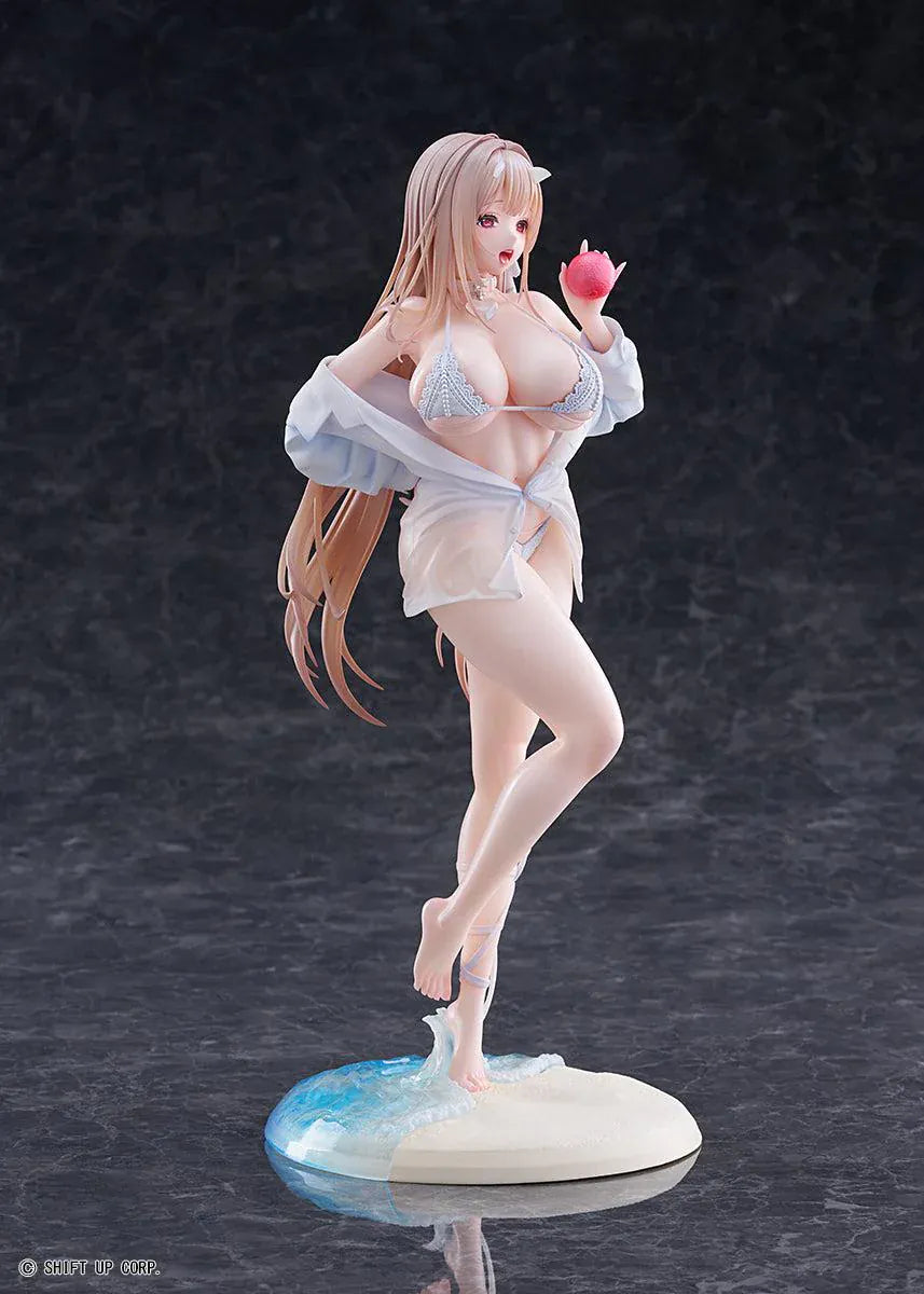 GODDESS OF VICTORY NIKKE Viper Shine of Love 1/7 Scale Figure with long hair, white beachwear-inspired outfit, apple accessory, and beach display base