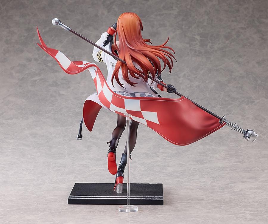 STEINS;GATE Kurisu Makise Racing Ver. 1/7 scale figure with flowing red hair, a white racing jacket, and a red flag on a road-style base.