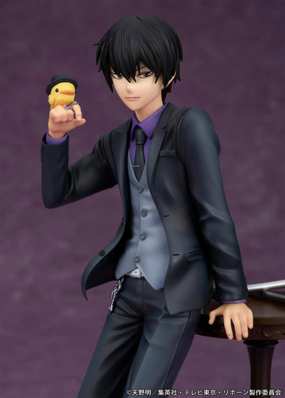 REBORN! Kyoya Hibari Scale Figure featuring a black-haired anime character wearing a black suit, purple shirt, gray vest, and tie, leaning against a wooden table with tonfa weapons while holding his yellow bird companion Hibird.