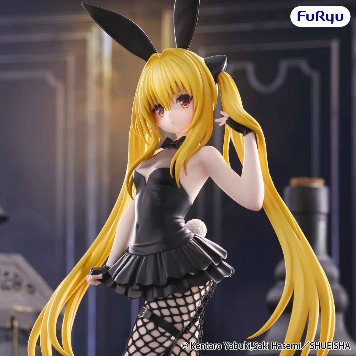 Golden Darkness BiCute Bunnies figure wearing a black bunny outfit with long ears, a layered skirt, fishnet tights, and heeled boots.