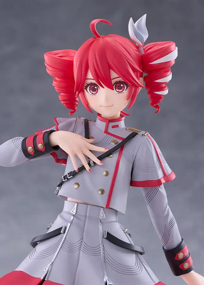 Kasane Teto Synthesizer V AI figure with red drill curls, a gray and red outfit, layered skirt, and black lace-up boots, posed with one hand across her chest.