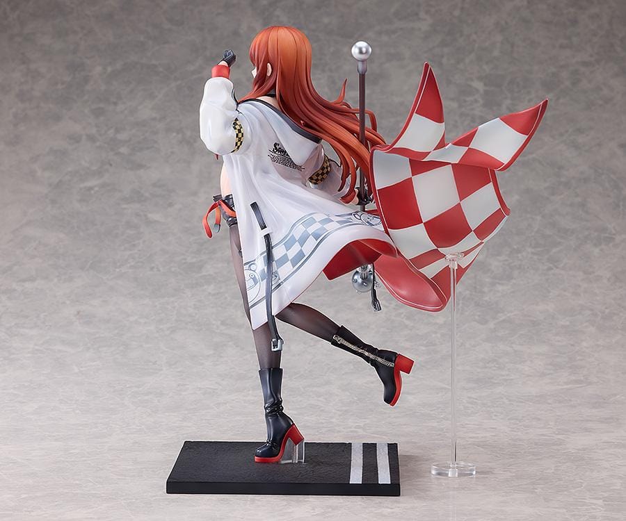 STEINS;GATE Kurisu Makise Racing Ver. set featuring a 1/7 scale figure on a road-inspired base and a matching seated plushie, both with red flags.