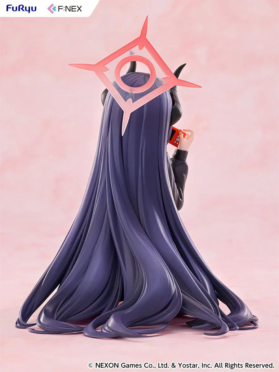 Blue Archive Chiaki Memorial Lobby Ver. 1/7 Scale Figure seated with dark outfit, horn details, pink halo, and camera accessory