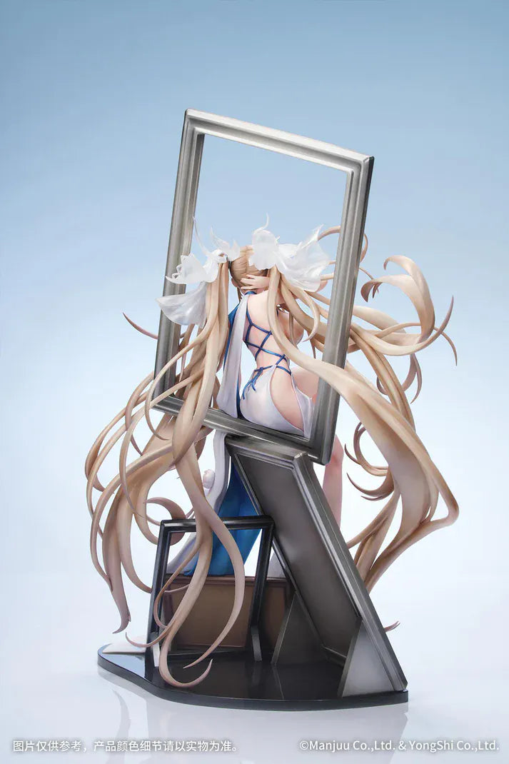 Azur Lane Formidable Anniversary Memories Ver. 1/7 Scale Figure featuring Formidable with long blonde hair, blue-and-white outfit, elegant seated pose, and mirror-style display base.