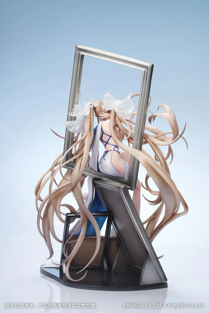 Azur Lane Formidable Anniversary Memories Ver. 1/7 Scale Figure featuring Formidable with long blonde hair, blue-and-white outfit, elegant seated pose, and mirror-style display base.