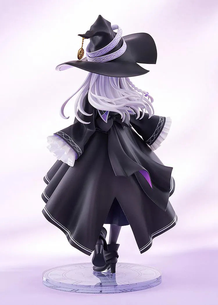 Wandering Witch The Journey of Elaina Elaina 1/7 Scale Figure with silver hair, black and purple witch outfit, wide hat, cloak, and travel bag