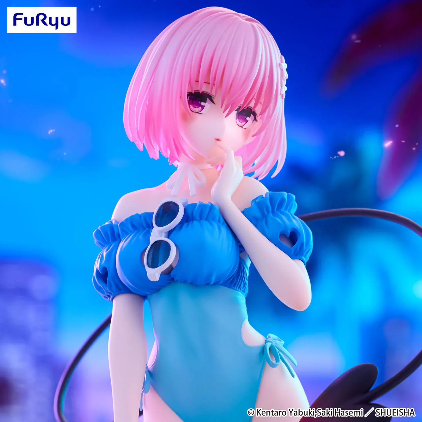 To Love-Ru Darkness Trio-Try-iT Momo Belia Deviluke Figure reissue featuring Momo in a blue swimsuit with pink hair, devil tail, and summer poolside theme