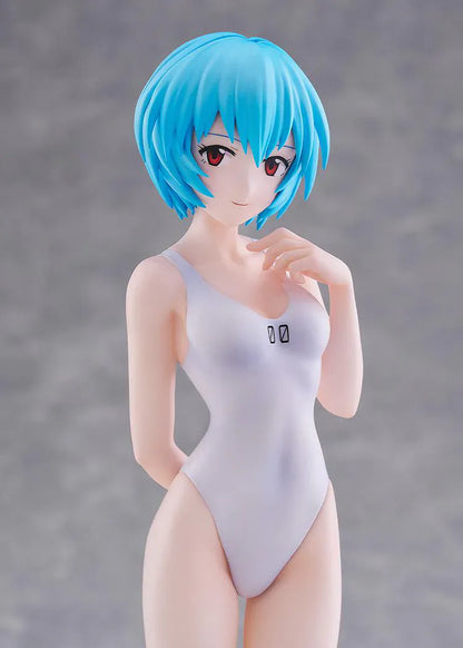 Rebuild of Evangelion POP UP PARADE BEACH QUEENS Rei Ayanami One-Piece Style L Size Figure featuring Rei with short blue hair, red eyes, and a white one-piece swimsuit.