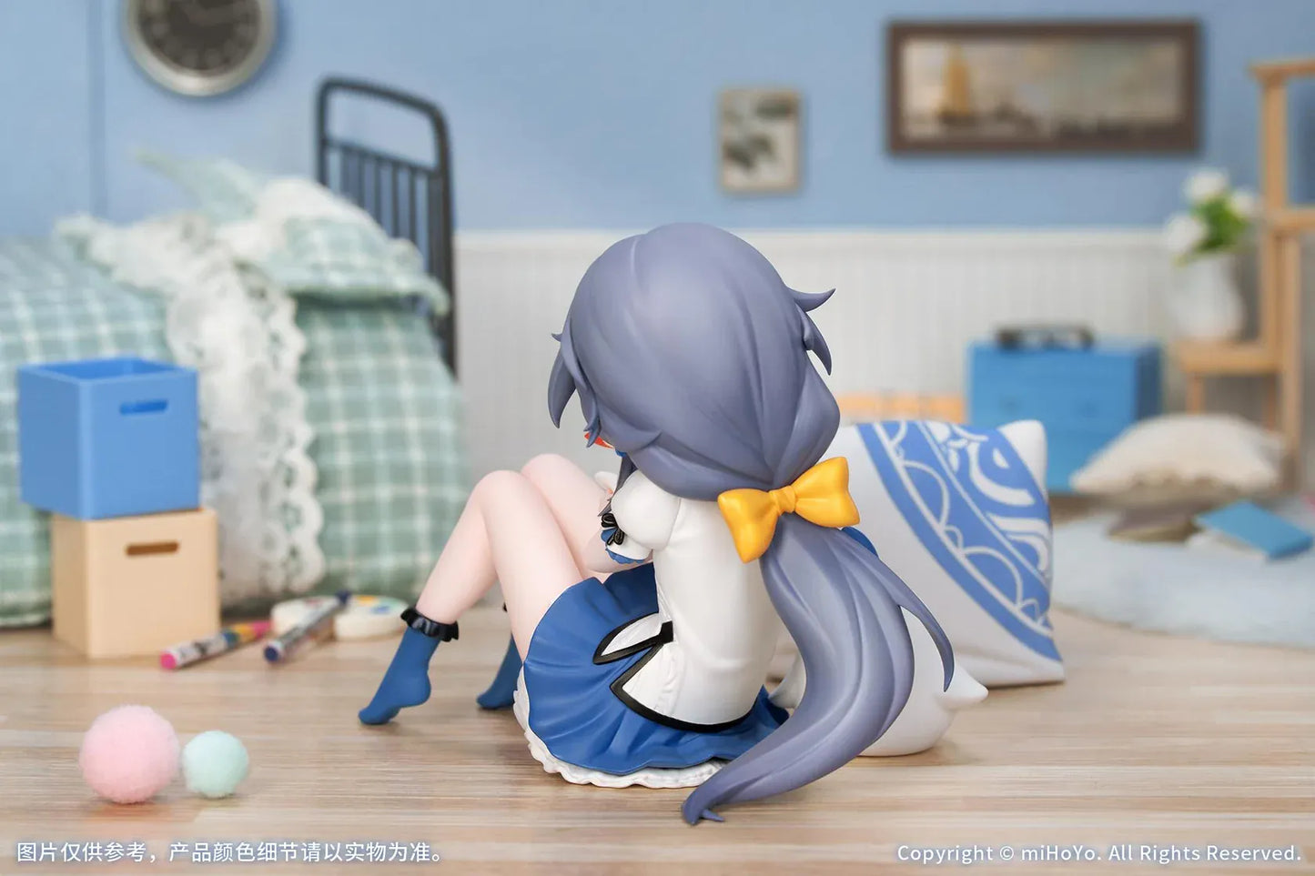 Honkai Impact 3rd Fu Hua Chibi Tea Party anime figure holding a bird plush with matching cushions