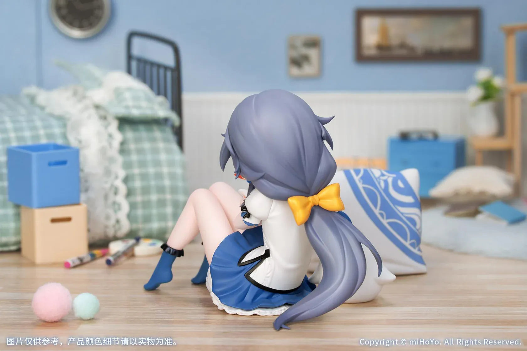 Honkai Impact 3rd Fu Hua Chibi Tea Party anime figure holding a bird plush with matching cushions