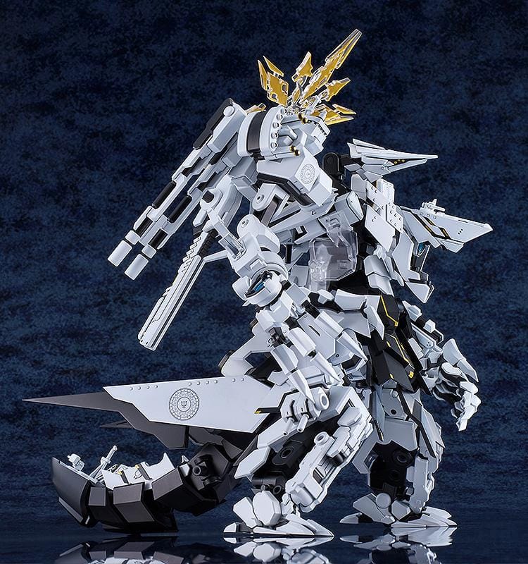 Blue Archive MODEROID Daath Model Kit featuring a white and black armored mecha design with gold effect parts and detailed mechanical styling