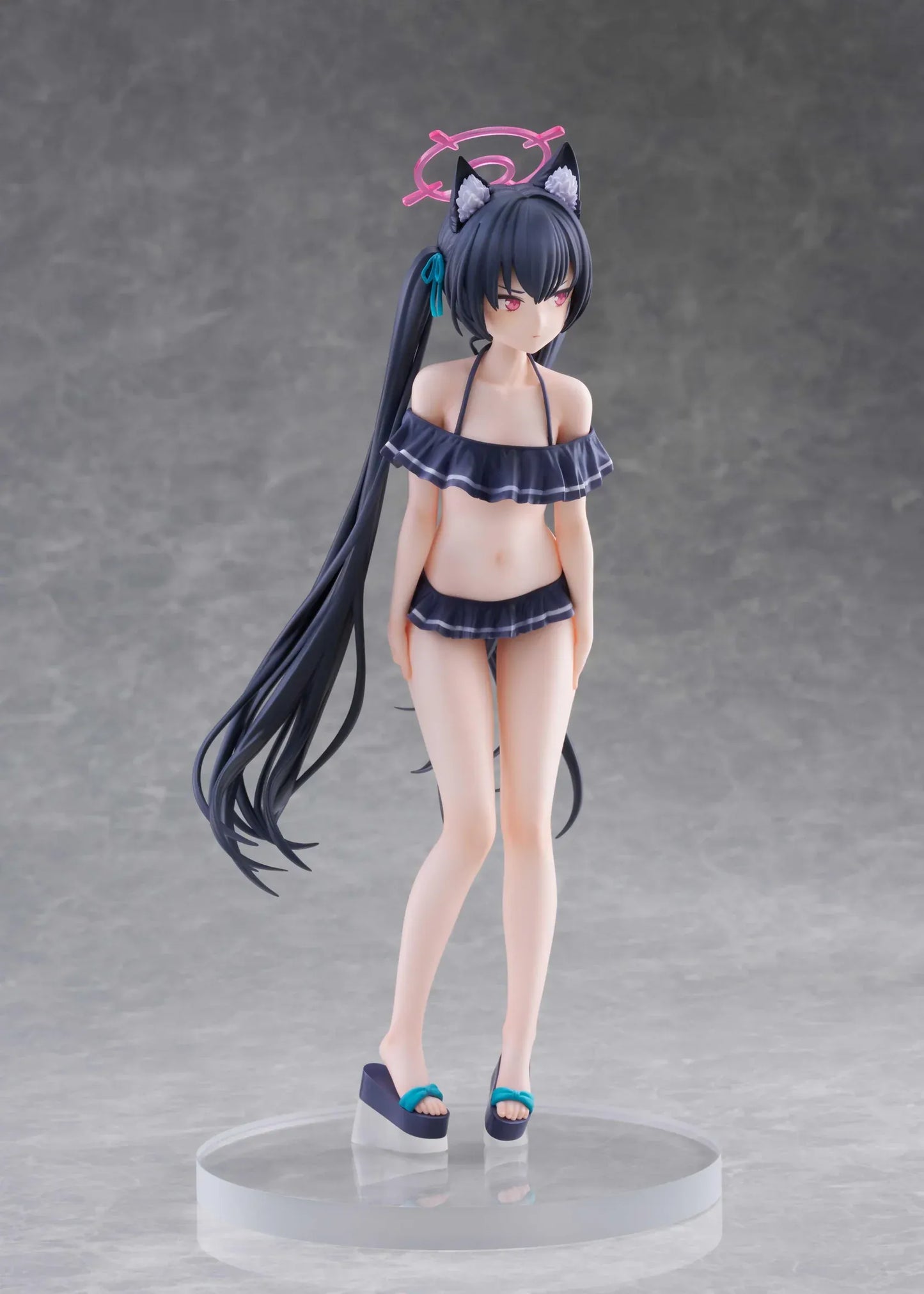 Blue Archive Serika Swimsuit 1/7 Scale Figure featuring Serika with long black hair, cat ears, dark frilled swimsuit, pink halo, platform sandals, and display base.