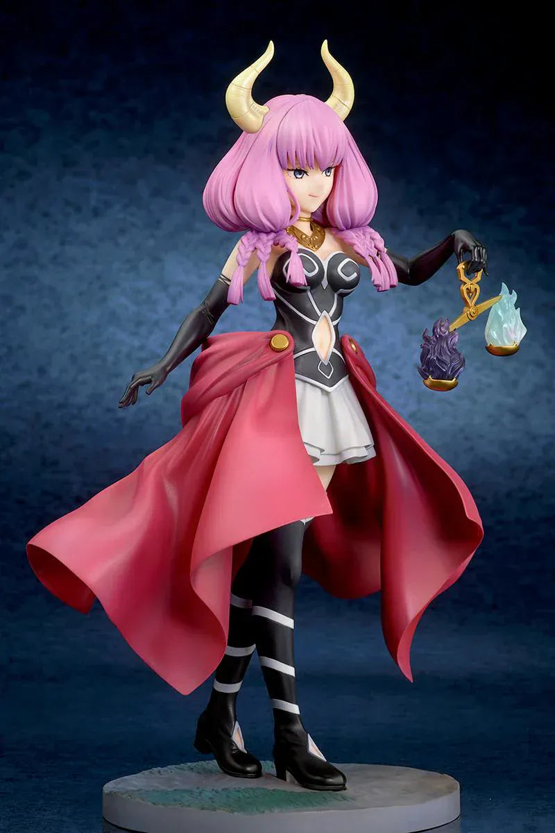 Frieren Beyond Journey’s End Aura the Guillotine 1/7 scale figure with pink hair, horns, flowing red cape, and scales accessory