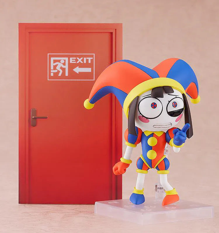 The Amazing Digital Circus Nendoroid Pomni Figure Rerelease featuring Pomni in a colorful red, blue, and yellow jester outfit with oversized hat and mismatched shoes.