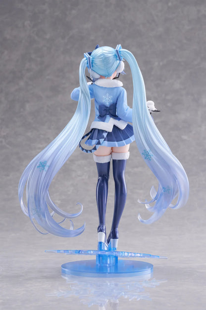 Vocaloid AMP+ Snow Miku All Stars 2012 Ver. Figure with icy blue twin-tails, winter outfit, bird details, and snowflake display base
