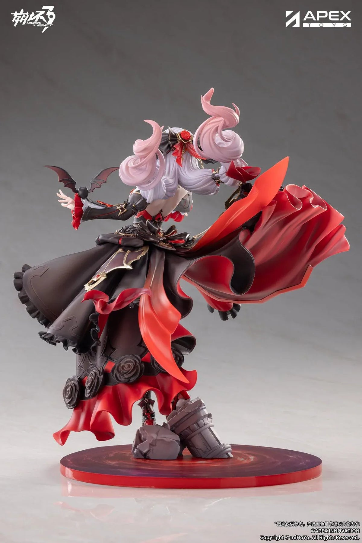 Honkai Impact 3rd Lunar Vow Crimson Love 1/7 scale figure with pale lavender hair, a black-and-red outfit, a small bat, and broken stonework.