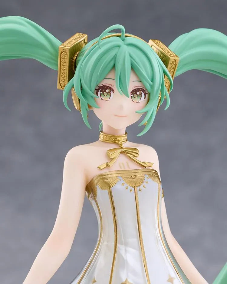 Hatsune Miku POP UP PARADE Symphony 2020 Ver. L Size Figure featuring long turquoise twin-tails, green eyes, an elegant white dress with gold detailing, decorative stockings, and matching gold accessories.