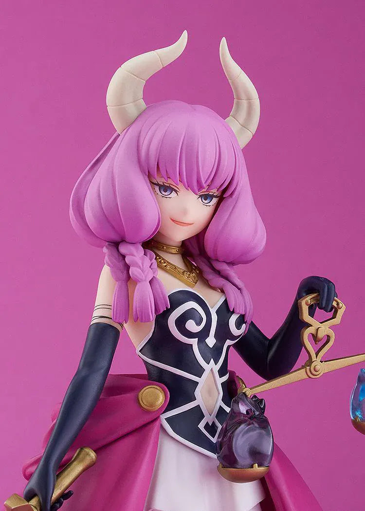 Frieren Beyond Journey's End POP UP PARADE Aura Figure with pink hair, horns, magenta cape, sword, and scale accessory